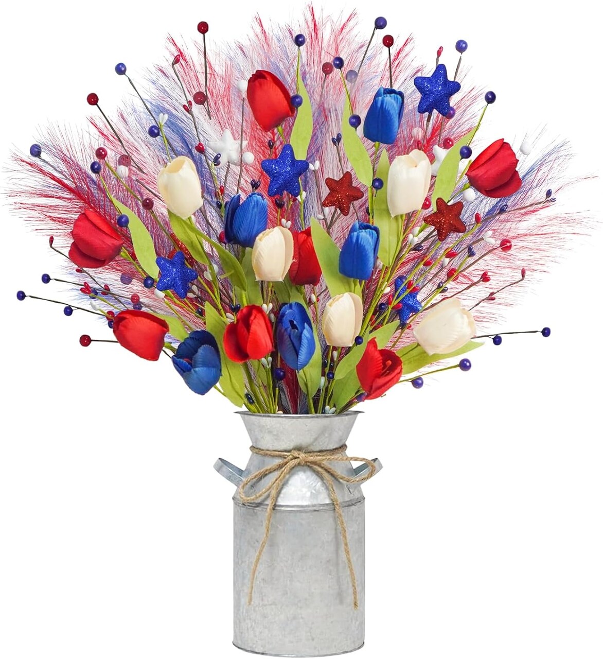 20in Patriotic Artificial Berry Stem Picks in Vase, 10pcs Red White and Blue Flowers Branches with Tulips Stars Pampas 4th of July Centerpieces for Tables Independence Day